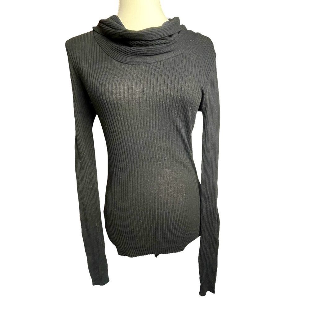 POOF! Solid Black Long Sleeve Turtle Cow Neck Tight Fit Blouse Cotton Blend L
